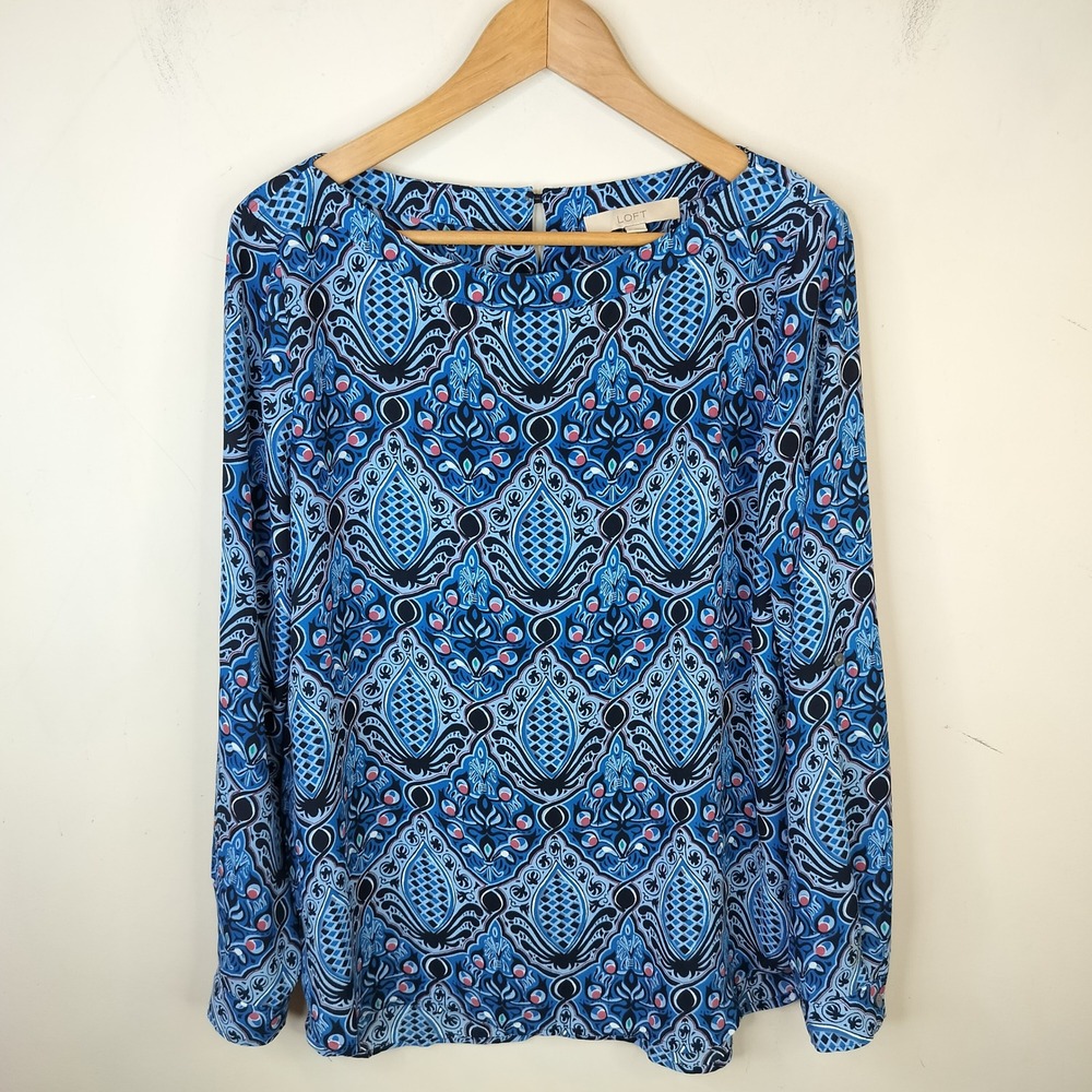 LOFT Blue Floral Blouse Women's Medium Long Sleeve Shirt Boho Business‎ Casual